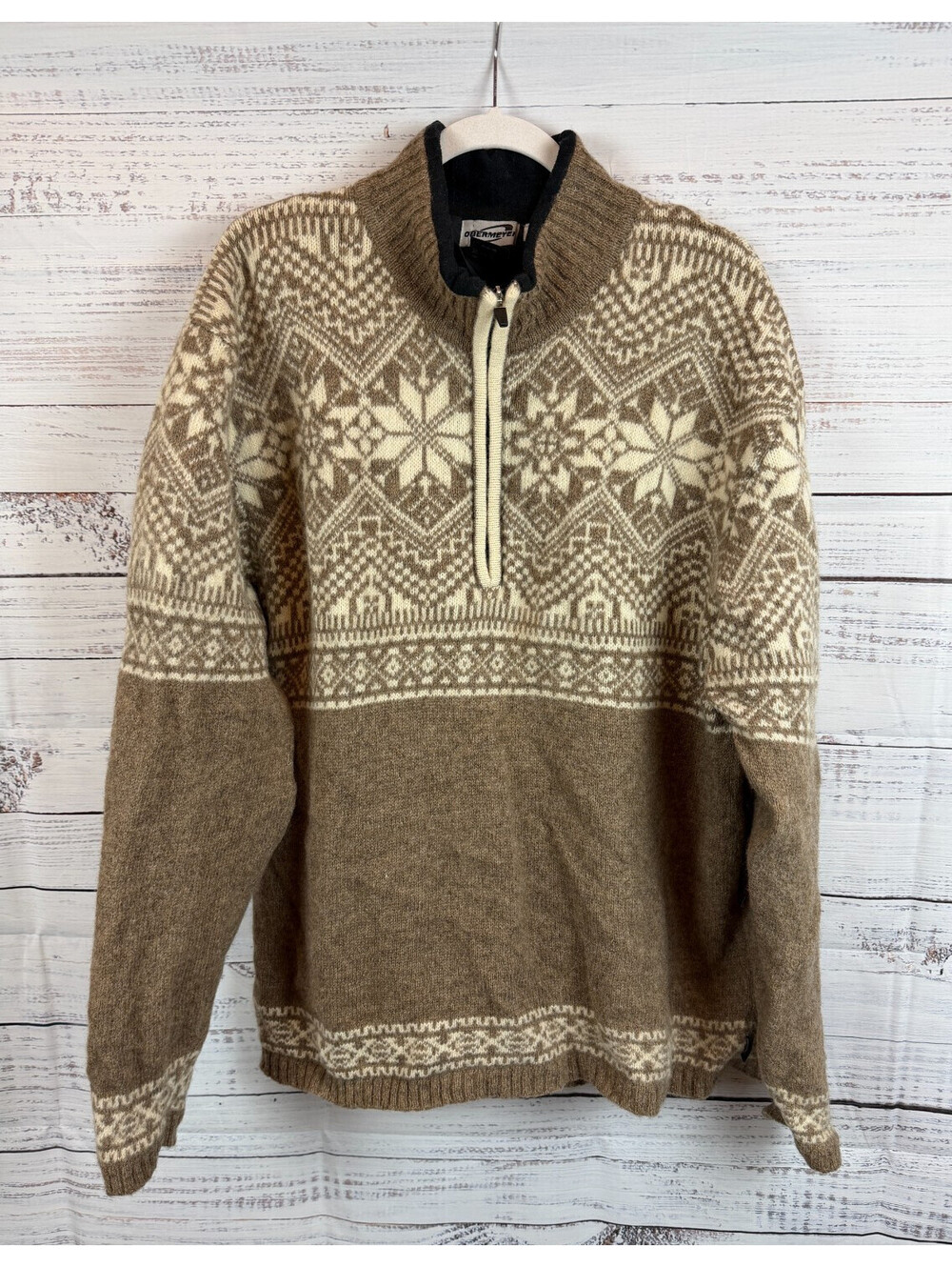 OBERMEYER beige mens 100% wool Fair Isle Nordic Snowflake quarter zip sweater XL
